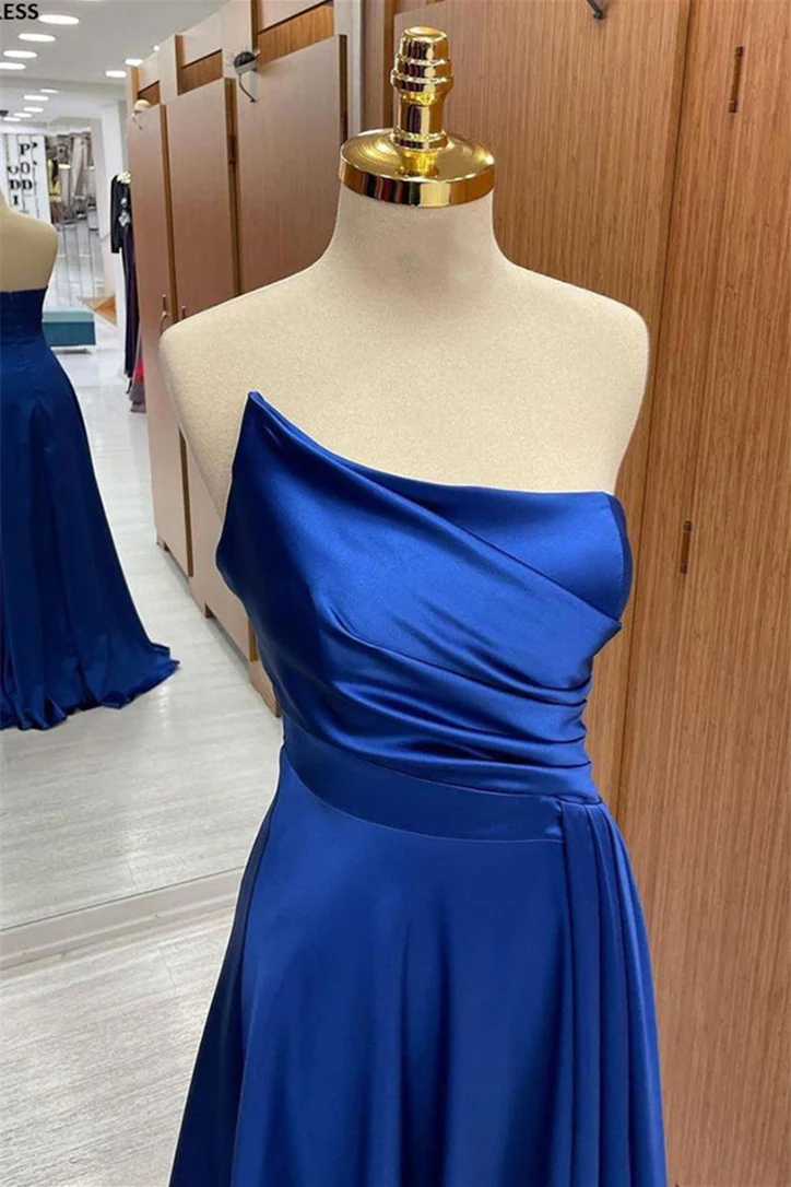 Vestidos formales/Vestido de fiesta largo plisado sin tirantes de satén azul real/Tiendas de vestidos de fiesta